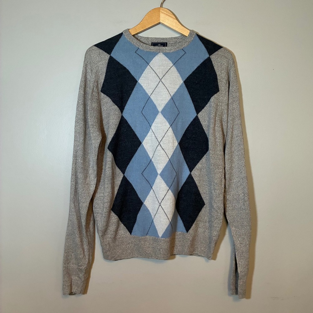 Dockers Mens Argyle‎ Crewneck Sweater Gray Blue White Acrylic Knit Size Medium